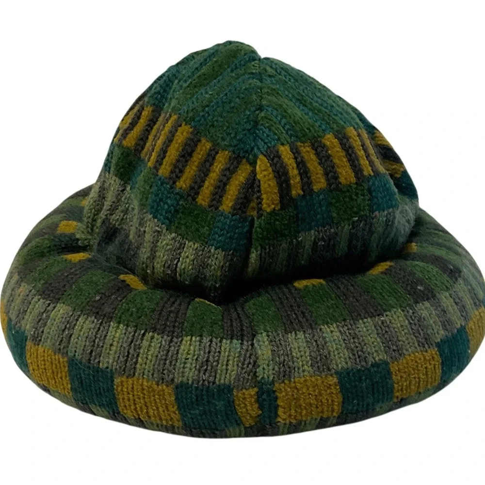 Maggie White Hand Knit Wool Hat Green Yellow Checkered Padded Roll Brim Artisan